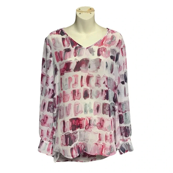 Liz Claiborne white/purple Large semi sheer long sleeve top silver buttons - Picture 1 of 5